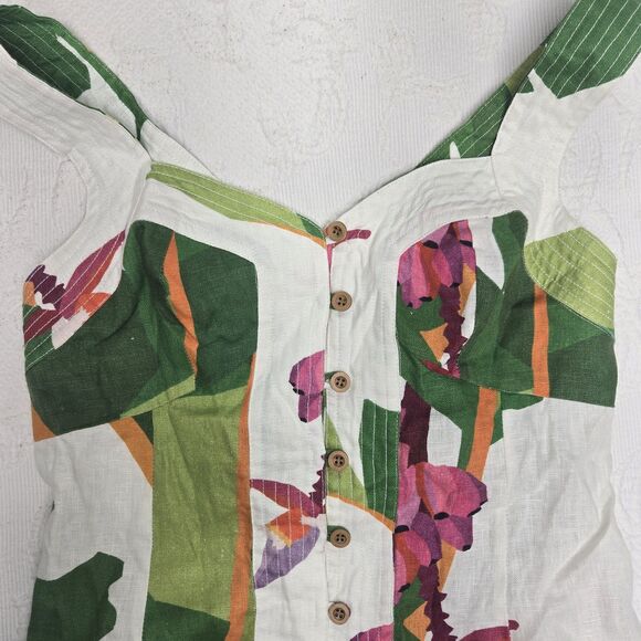 Farm Rio Womens White Tropicalistic Linen Button Mini Dress Medium Floral Beachy - Picture 4 of 13